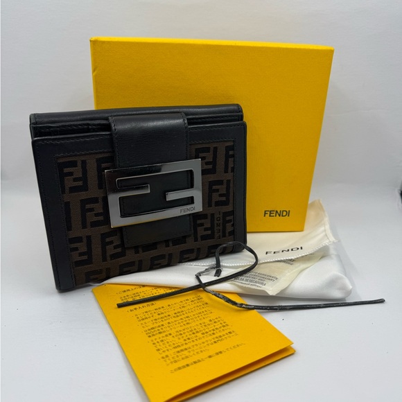 Fendi Handbags - Fendi Black & Brown FF Logo Wallet with Silver Hardware